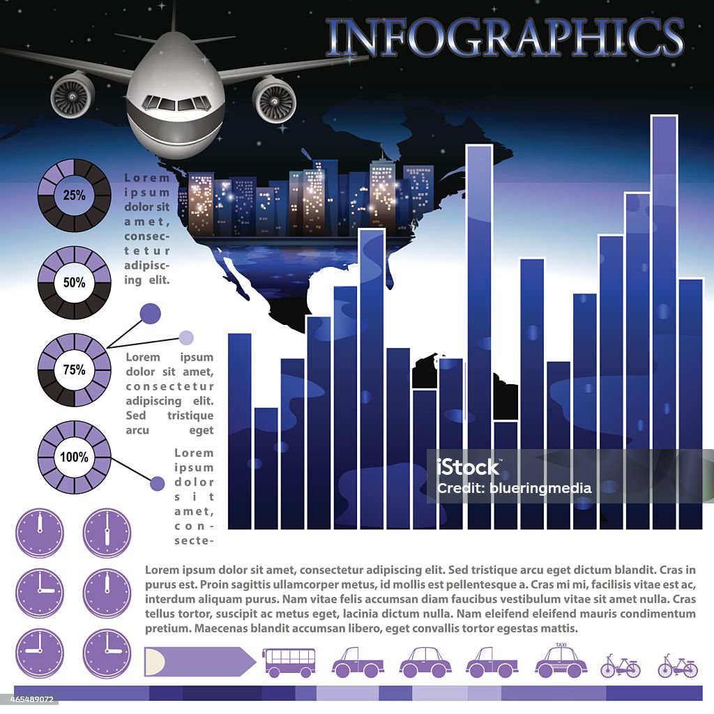 infographics of an airplane An infographics of an airplane and its distance from the destination 2015 stock vector