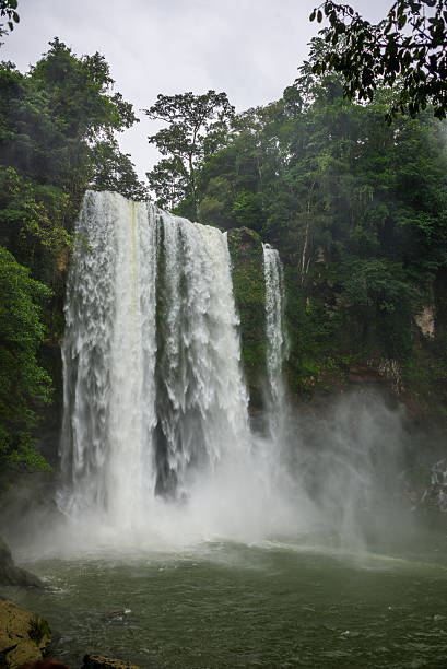 Beautiful falls at Mexican green Jungle. Chiapas. Motion blurred image. Traveling Adventure through North America.