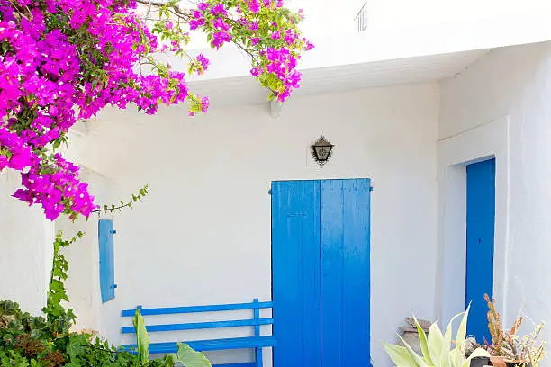 blue door and bougainvilleas at white house in the mediterranean Formentera island