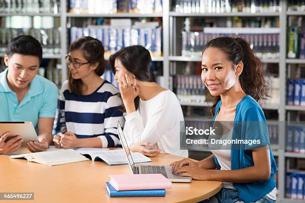 Student Friends In Library Stock Photo - Download Image Now - Adolescence, Adult, Asian and Indian Ethnicities