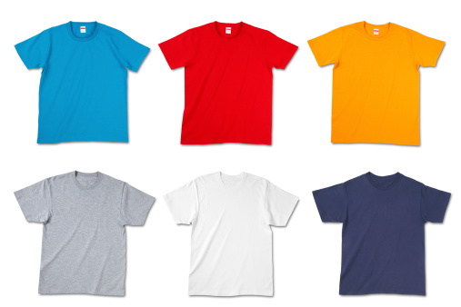 Photograph of six blank T-shirts, Blue,Red,Yellow,Gray,White,and Navy