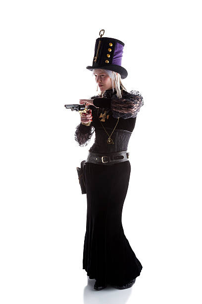 Steampunk Gunfighter Isolated On White Portrait of a blonde Steampunk shootist girl with dreadlocks, isolated on a white background. steampunk pistol pictures stock pictures, royalty-free photos & images
