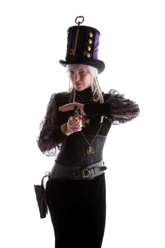 Portrait of a blonde Steampunk shootist girl with dreadlocks, isolated on a white background.