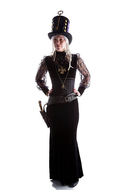 Steampunk Gunfighter Isolated On White Portrait of a blonde Steampunk shootist girl with dreadlocks, isolated on a white background. steampunk pistol pictures stock pictures, royalty-free photos & images