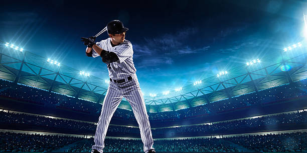 istock Professional baseball players on night grand arena 465498522