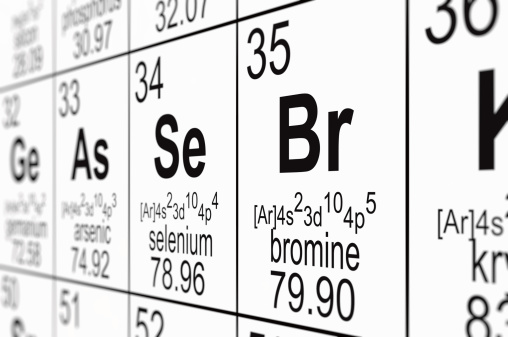 Detail of a partially blurred periodic table of the elements. Focus on bromine.
