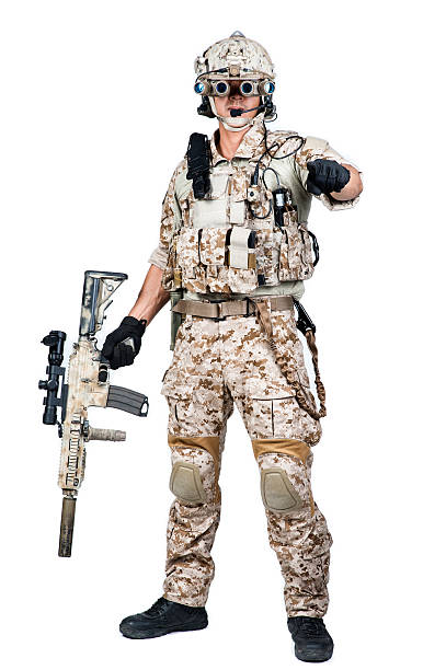 istock soldier man holding Machine gun shoot 465499559