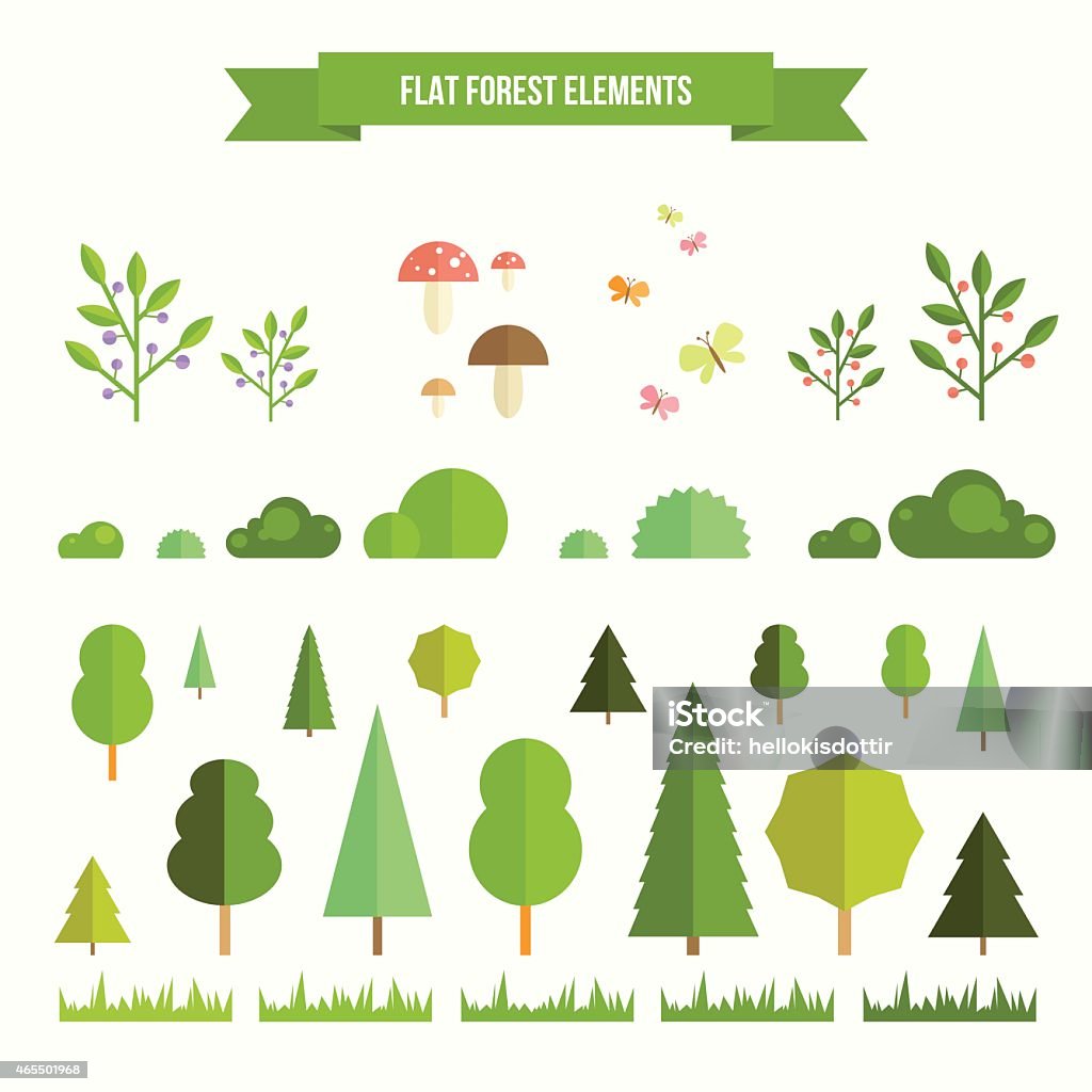 Set of flat forest elements Trendy and beautiful set of flat forest elements. Include grass, mushrooms, berries, bushes and trees Bush stock vector