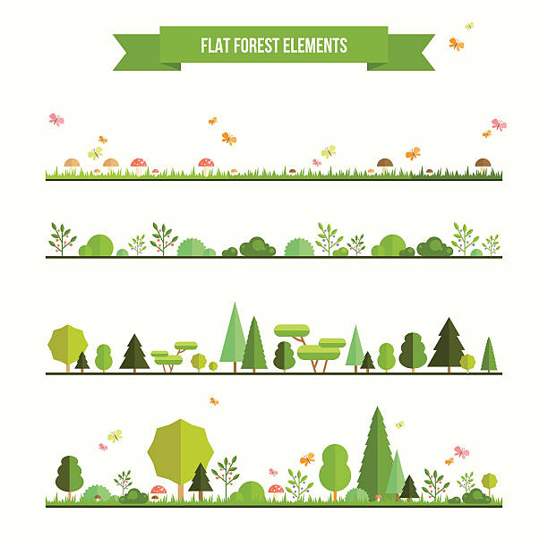 ilustrações de stock, clip art, desenhos animados e ícones de conjunto de elementos plana de - nature grass bush forest