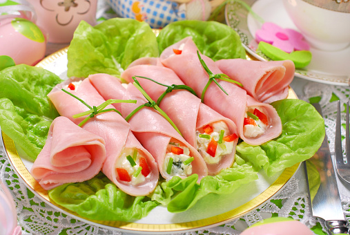 ham rolls stuffed with cheese and vegetables for easter breakfast