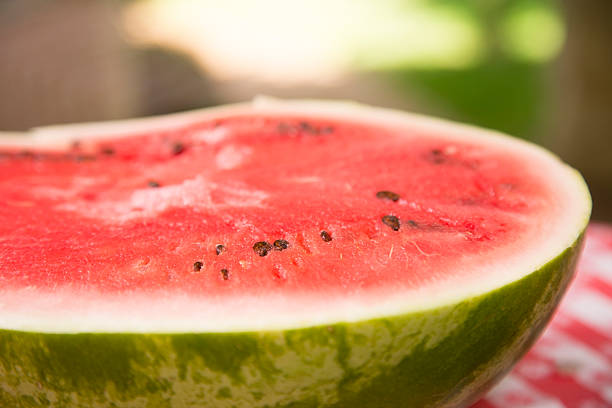 料理： スライスのスイカでピクニックテーブルを配しております。 夏のます。 - picnic watermelon tablecloth picnic table ストックフォトと画像