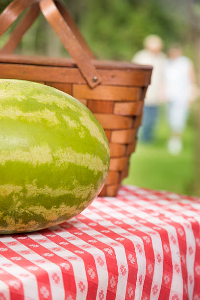 料理： ウォーターメロンのテーブル、ピクニックバスケット。 カップルの背景。 - picnic watermelon tablecloth picnic table ストックフォトと画像
