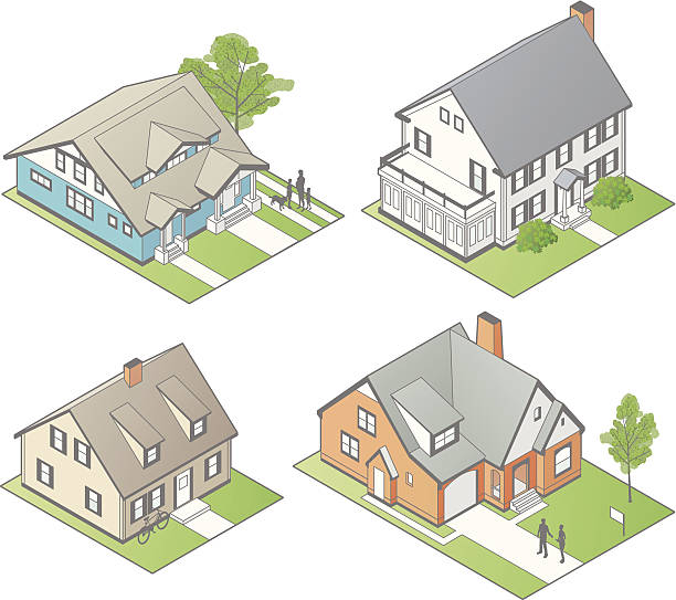 アイソメトリックにイラストレーション - driveway colonial style house residential structure点のイラスト素材／クリップアート素材／マンガ素材／アイコン素材