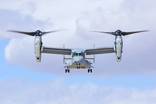 Yuma,Arizona,USA- February 28, 2015. MV-22 Osprey, Marine helicopter, flying over runway during 2015 Yuma Air Show. The 2015 Yuma Air Show,free to the public, features US Marine aircraft and civilian acrobatic flying.