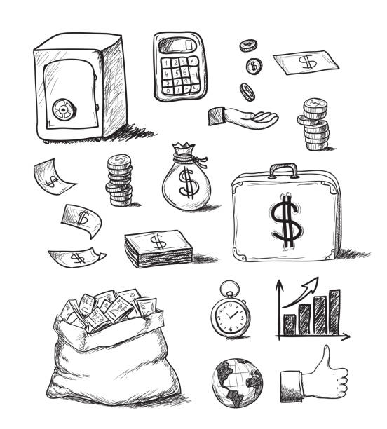 Hand drawn variety of business icons hand drawn business icons coin illustrations stock illustrations