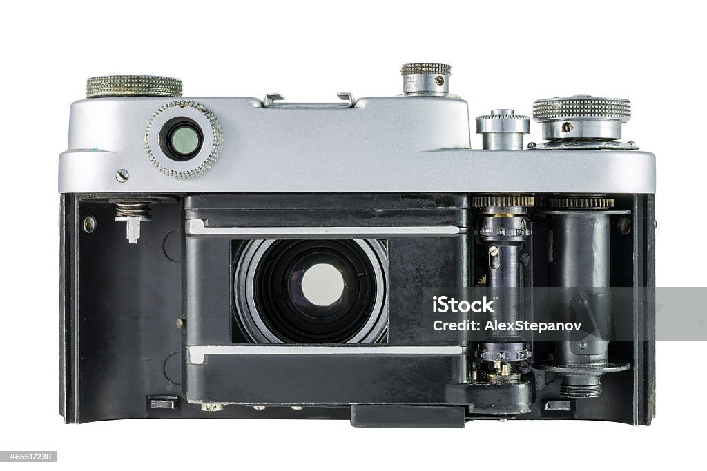 Old film camera with open shutter curtain Old film camera to remove the back cover and open the shutter curtain 2015 Stock Photo