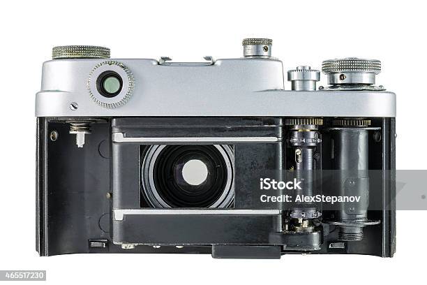 Old Film Camera With Open Shutter Curtain Stock Photo - Download Image Now - 2015, Aluminum, Aperture