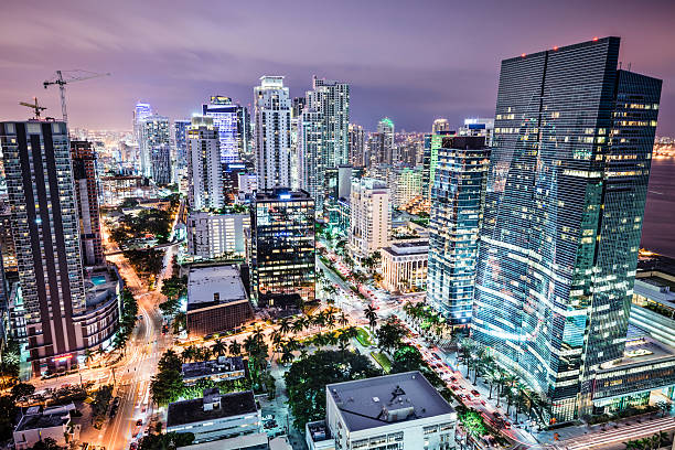 사스카툰 스카이라인 - miami florida night florida skyline 뉴스 사진 이미지