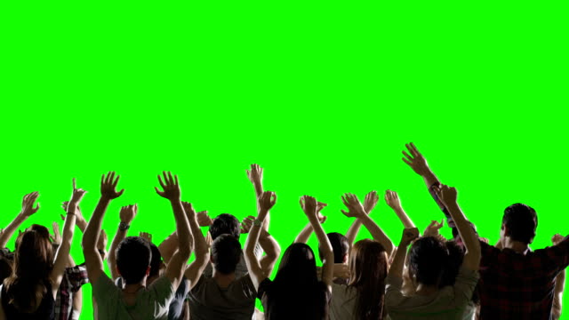 Crowd of fans dancing on green screen. Concert, jumping, dancing. Slow motion. Shot on RED EPIC Cinema Camera.