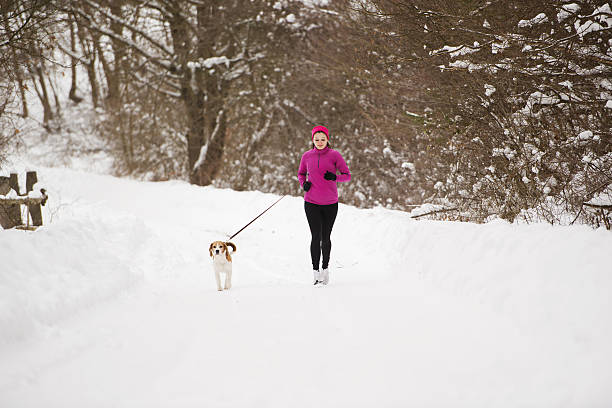 running femme hiver - snow dog walking running photos et images de collection