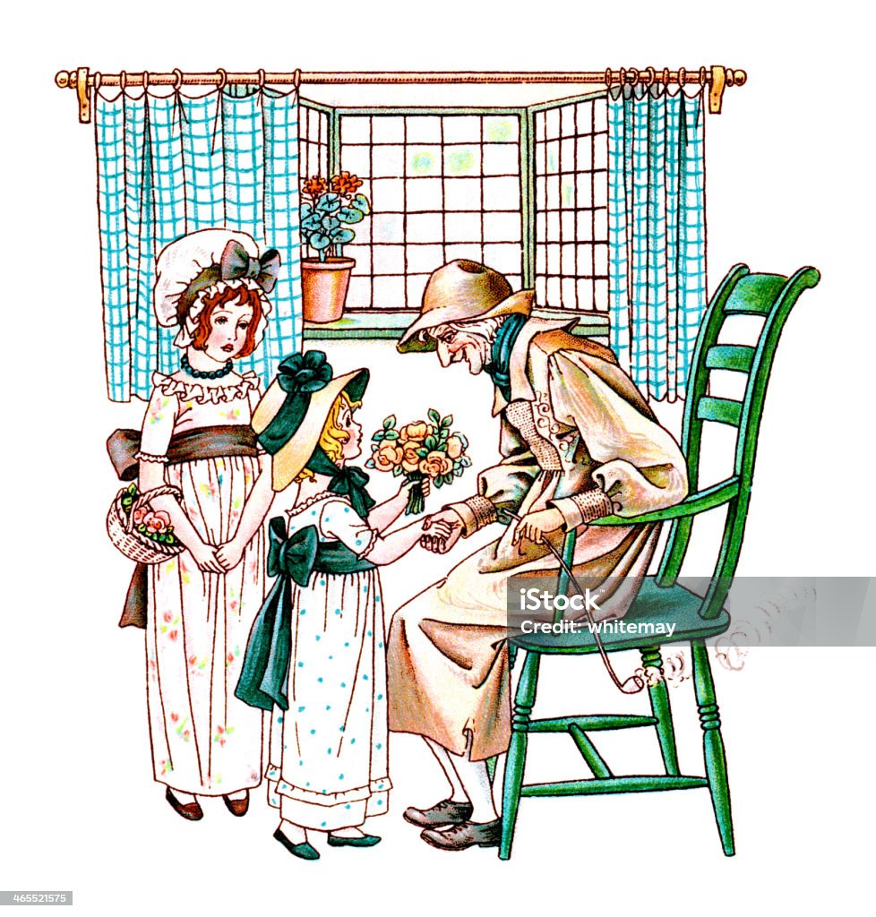 Zwei Regency-Epoche Mädchen gibt Blumen zu Ein alter Mann - Lizenzfrei 1890-1899 Stock-Illustration