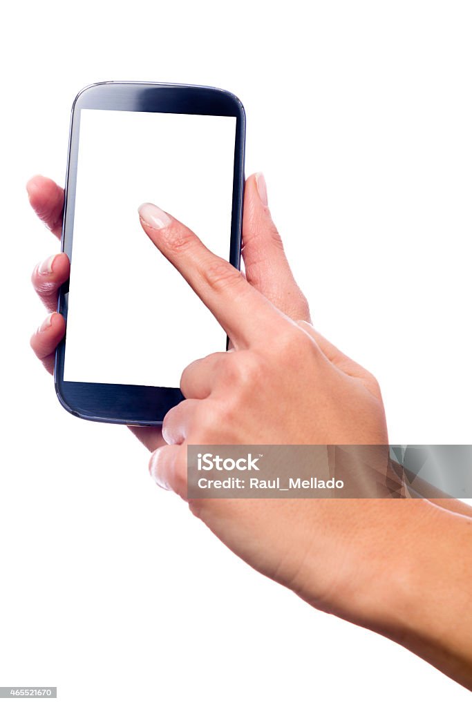 Hand touching the screen of a smartphone Photo isolated in white of a hand of a caucasian woman, touching the touch screen of a smartphone with white screen 2015 Stock Photo