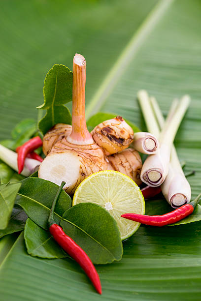 Thai Tom Yam soup herbs and spices, consisting of lemongrass, Kaffir Lime leaves, Galangal, Lemon and Red Chili on a banana leaf background, shallow depth of field.