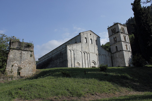 Serramonacesca, Province of Pescara, Italy. The abbey of San Liberatore a Maiella and remains of the outer walls of the monastery. The church is a basilica, one of the most important examples of Romanesque architecture in Abruzzo (foundation year prior to 884 AD).