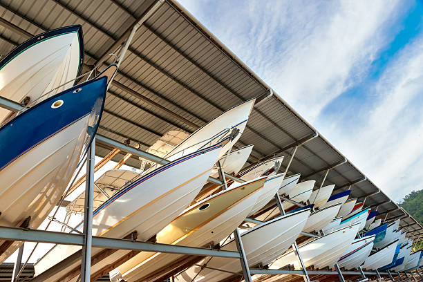 Power boats sheltered parking facility marina in Trinidad stock photo