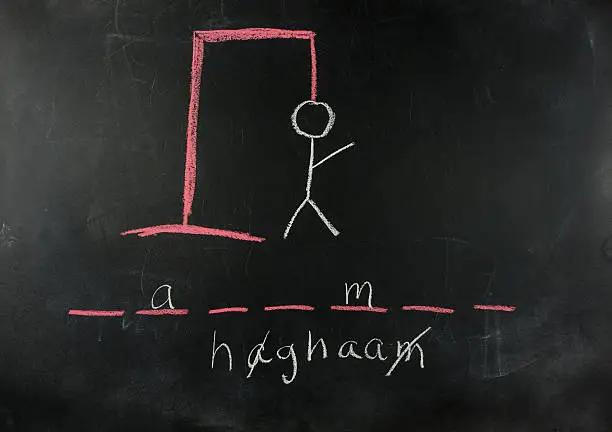 A motivational, and sometimes educational, game of hangman as shown on a blackboard. The word is developing.