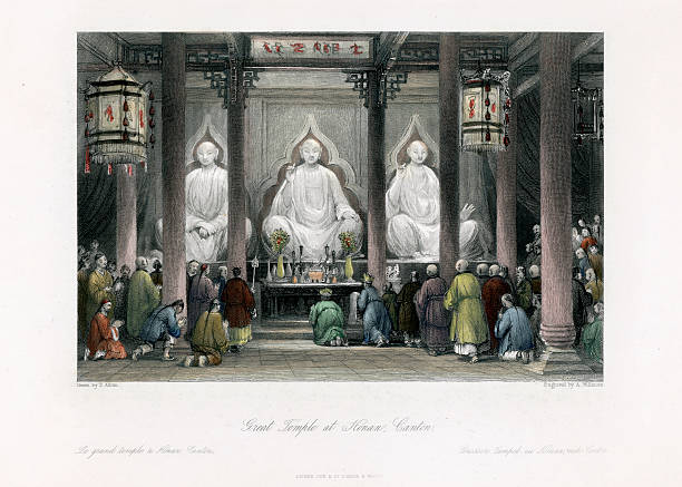 Great Temple at Honan, Canton Vintage engraving of showing the Great Temple at Honan, Canton, China, 1843 shaolin monastery stock illustrations
