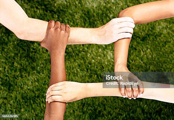 Interracial Гармония Различные Руки С Четырьмя Площадь На Траве — стоковые фотографии и другие картинки Африканская этническая группа