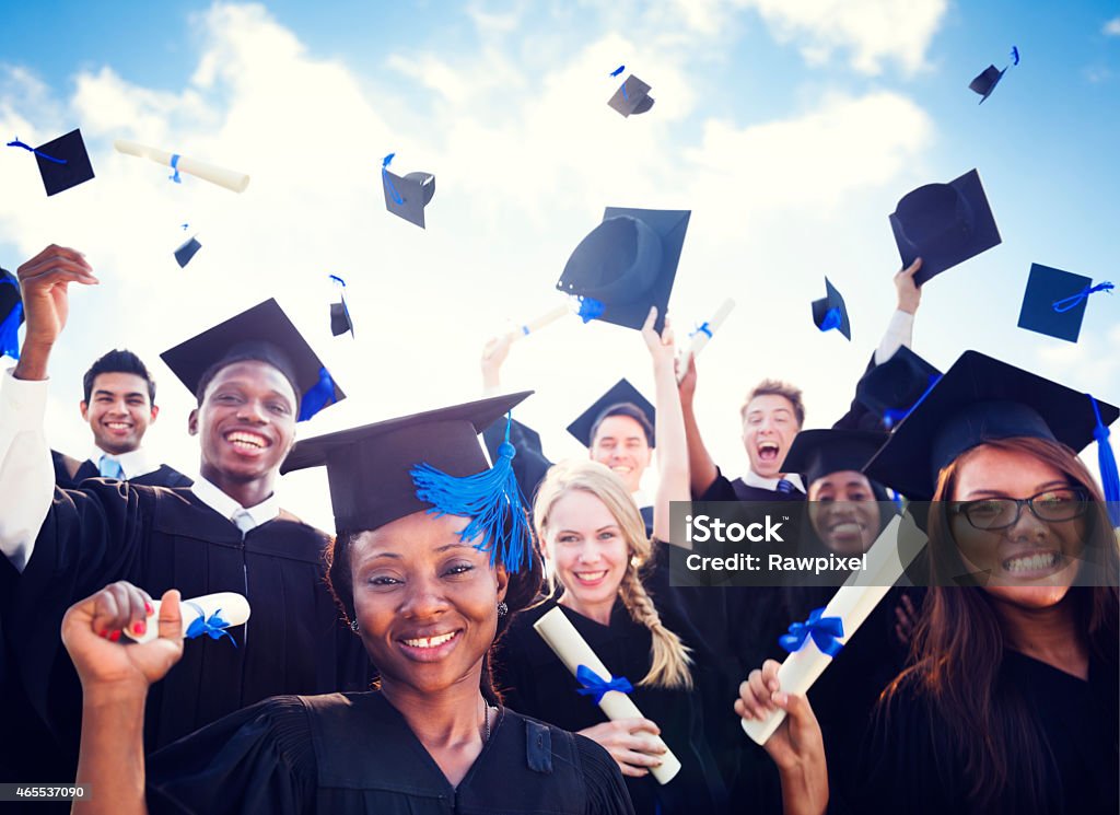 Graduation Caps Throwing Air Concept Graduation Stock Photo