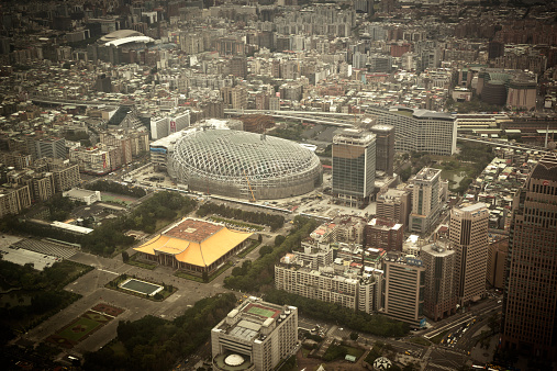 View of buildings,Taipei Dome ,Sun Yat Sen Memorial Hall from Taipei 101 Tower with vintage filter applied
