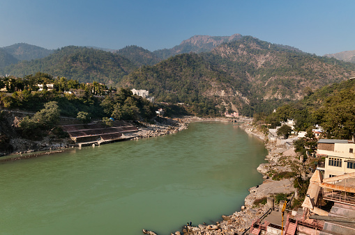 View of River Ganges in Laxman Jhula at the moning. Rishikesh is  World Capital of Yoga,  has numerous yoga centres that also attract tourists