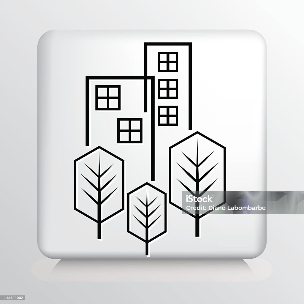 Square icono con dos de los edificios de apartamentos y árboles en la parte frontal - arte vectorial de 2015 libre de derechos