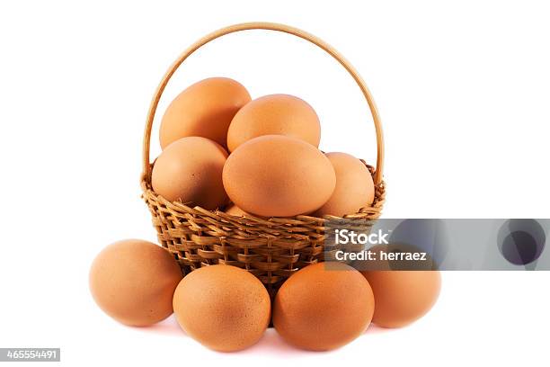 Eggs In A Basket Over White Isolated Background Stock Photo - Download Image Now - Animal, Animal Egg, Animal Shell