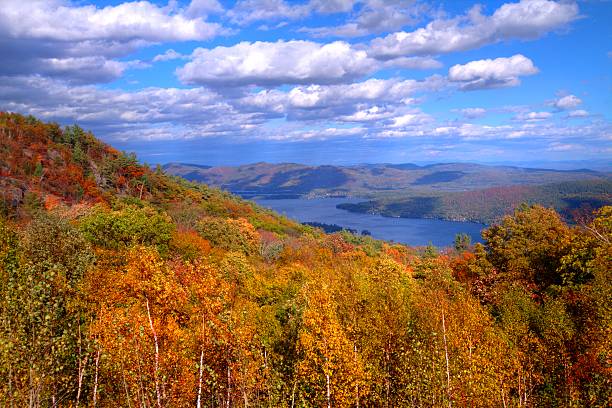 View of Lake George, NY in autumn from mountain top stock photo