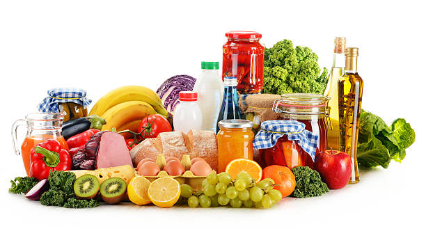 istock Composition with variety of grocery products isolated on white 465556111