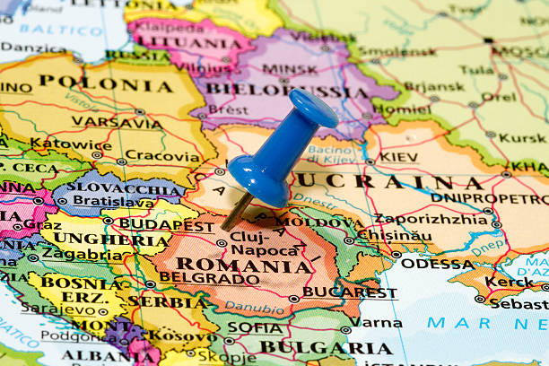istock Map of Romania with a blue pushpin stuck 465562891