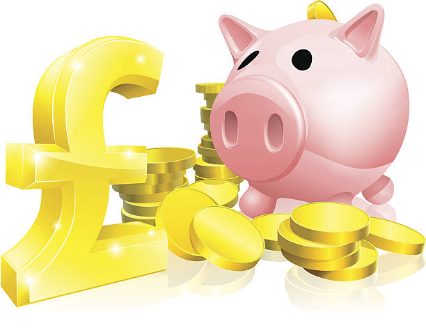 ilustrações, clipart, desenhos animados e ícones de libra placa piggy bank - piggy bank gold british currency pound symbol
