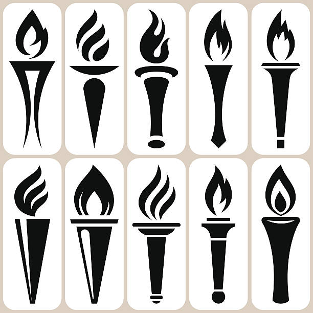 ilustraciones, imágenes clip art, dibujos animados e iconos de stock de conjunto de iconos de linterna - flaming torch flame fire symbol