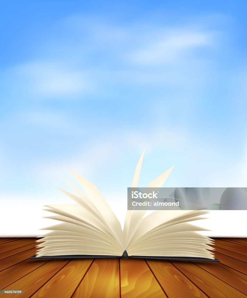 Open book on a wooden floor. Open book on a wooden floor in front of a blue background. Vector EPS10. Contains transparency effect. Backgrounds stock vector