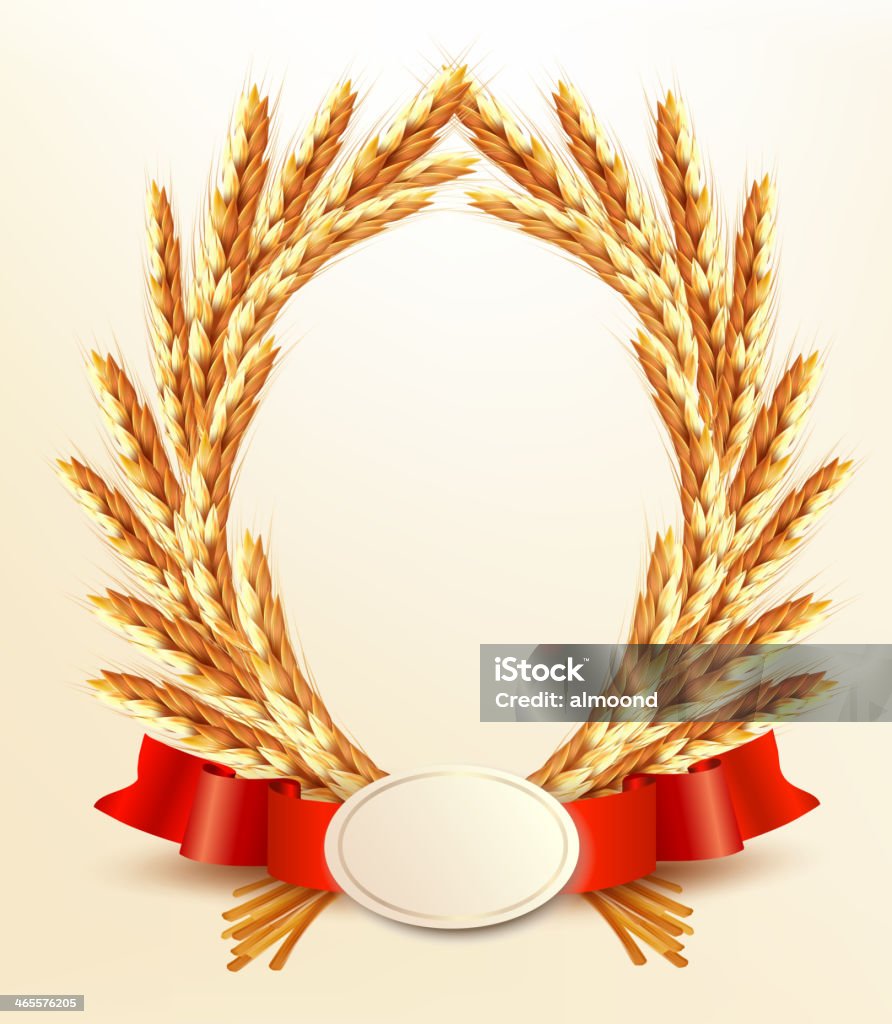 Orejas de trigo maduro amarillo con cintas rojo.  Vector de fondo - arte vectorial de Agricultura libre de derechos