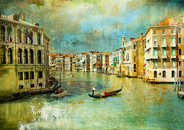 romantic Venice gondolas in greand canal. artistic picture in painting style grand canal venice stock pictures, royalty-free photos & images