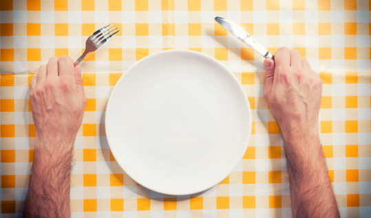 Male hand holding knife and fork near the empty plate