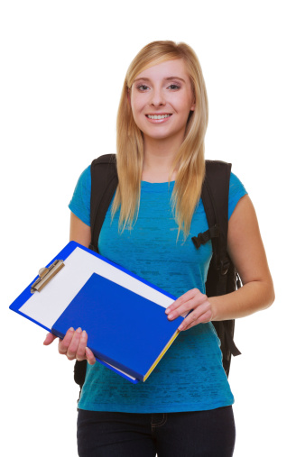 Portrait of casual blond smiling girl in blue jeans female student with bag backpack and notebook book folder isolated on white. Education and college. Studio shot