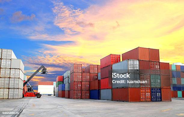 Forklift At Dockyard With Beautiful Sky Stock Photo - Download Image Now - Container, Harbor, Commercial Dock