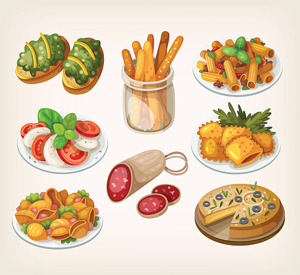 Illustrations of assorted Italian food Set of traditional italian food products and elements of italian cuisine. breadstick stock illustrations