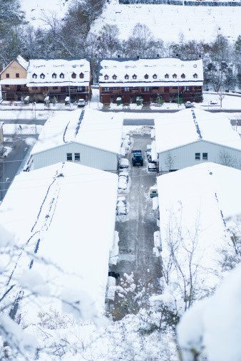 Industrial area , warehouses covered on snow
